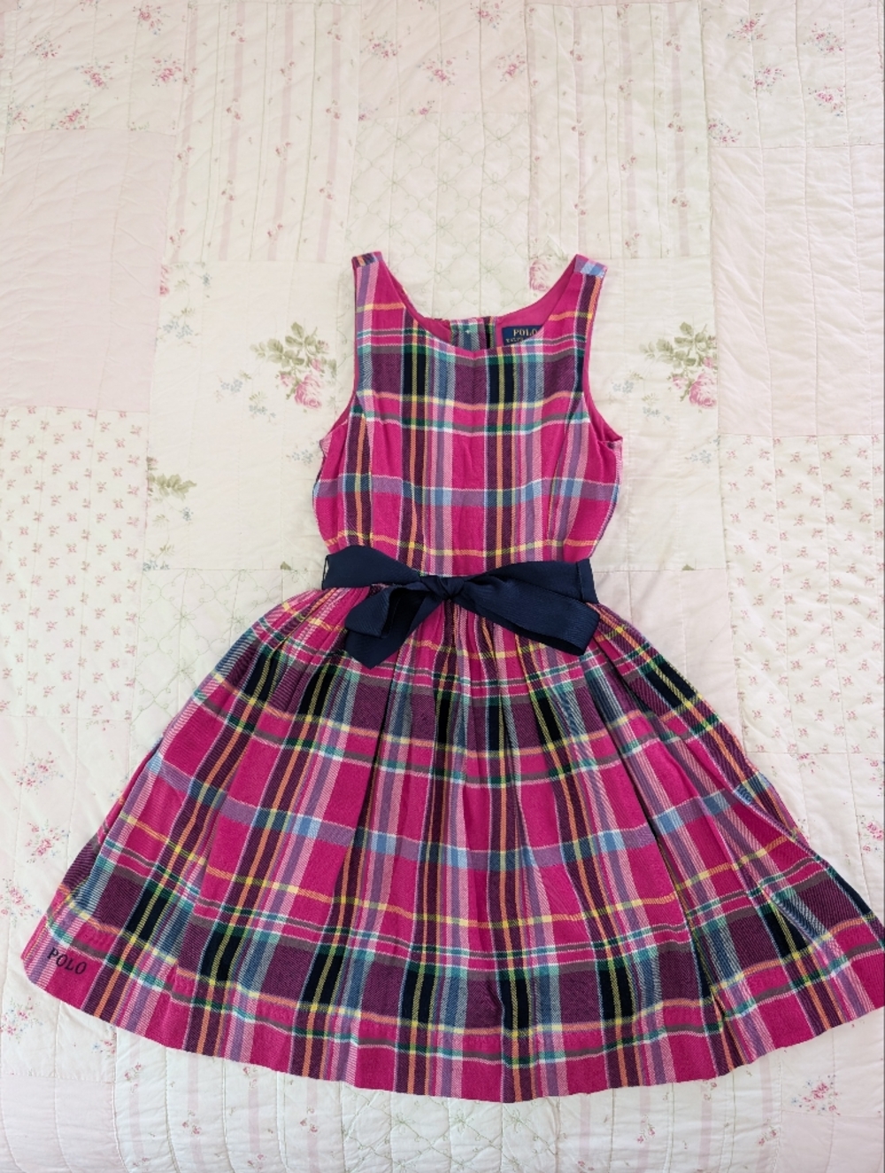 Polo by Ralph Lauren Pink Plaid Sleeveless Dress with Navy Bow